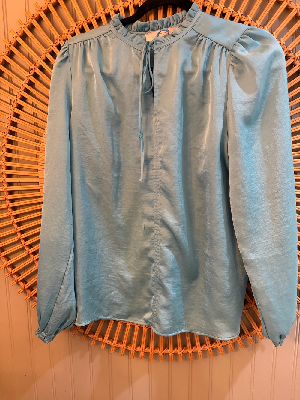 LoftMedium Blue Long-Sleeve Tie-Neck Blouse Ruffled Neck and elastic sleeve .
